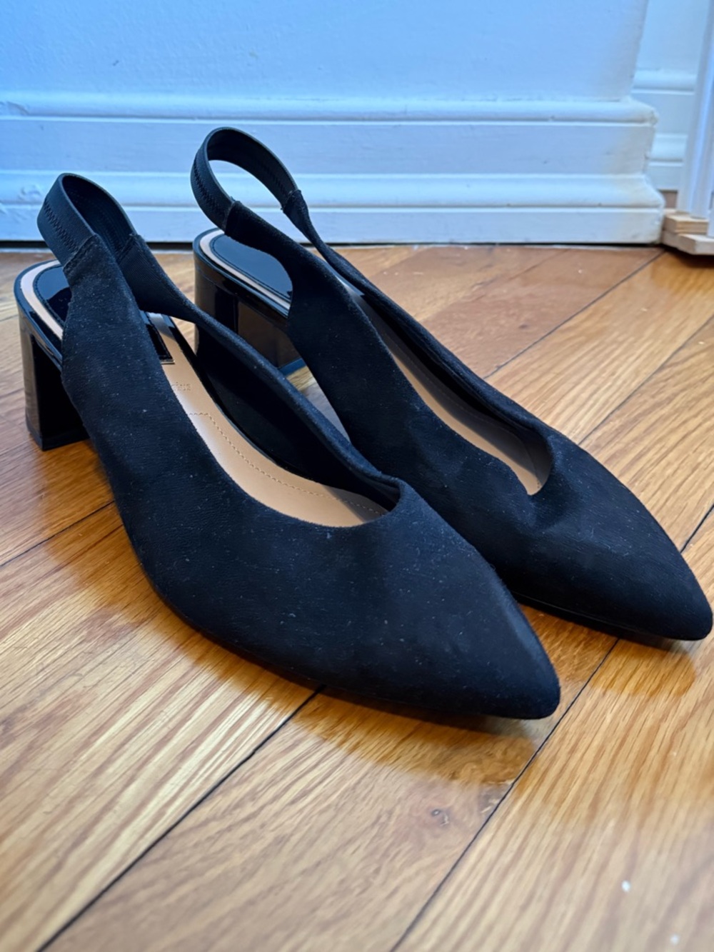 Suede Pointed Slingback with Patent Block Heel